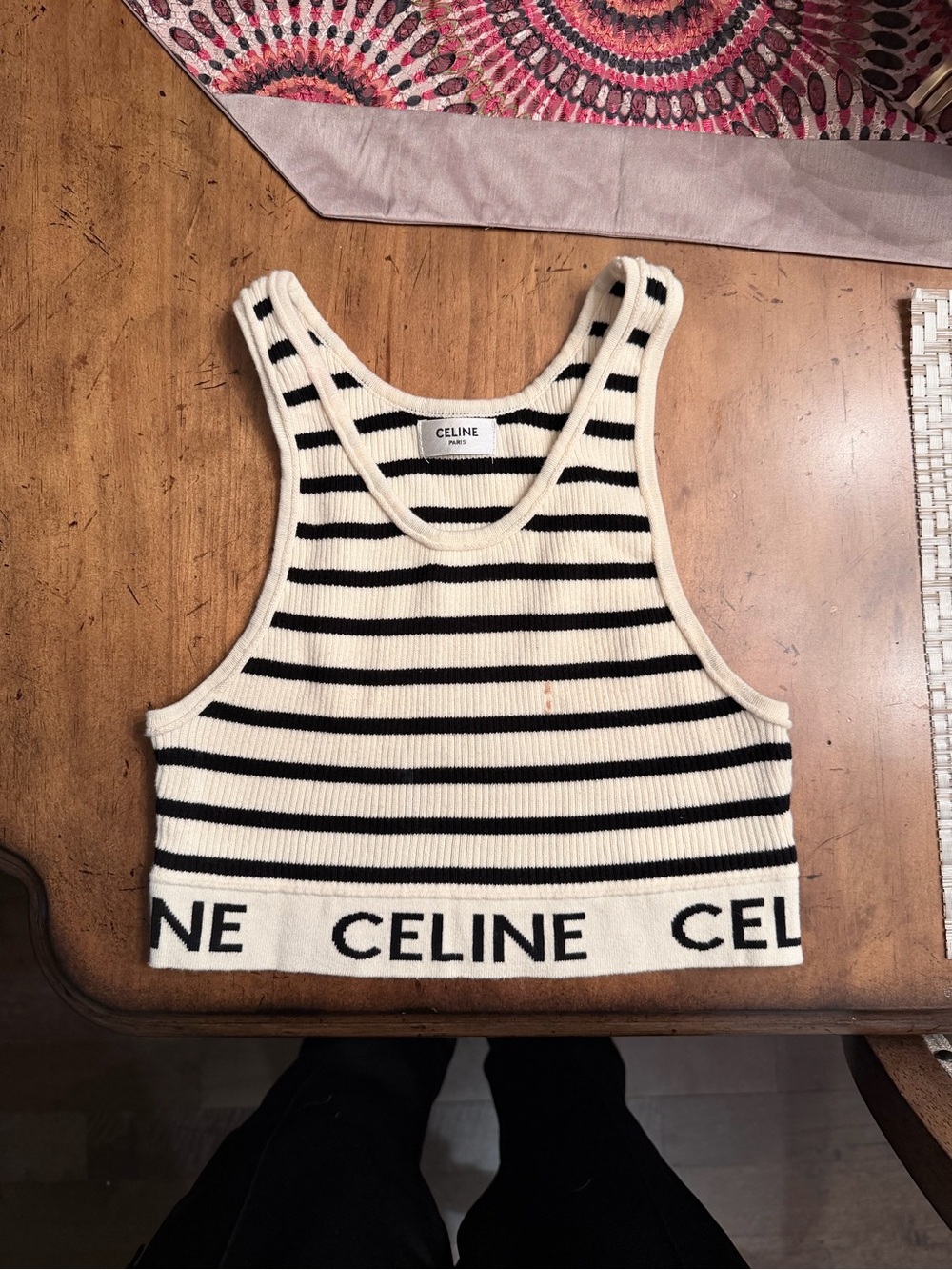 CELINE Paris Striped Rib Knit Logo Sports Bra Crop Tank Top Size S Black Ivory